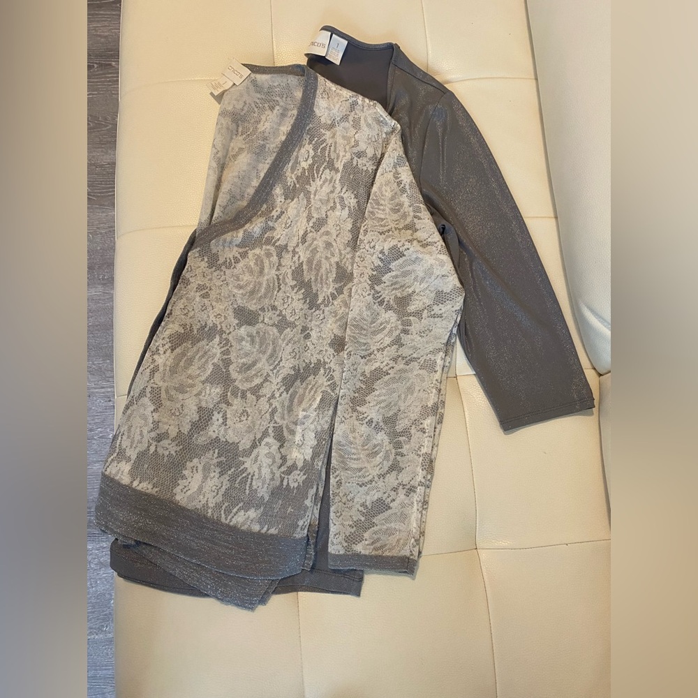 Chico’s Top and Cover Sweater Silver Gray Lace & Knit Layering Top